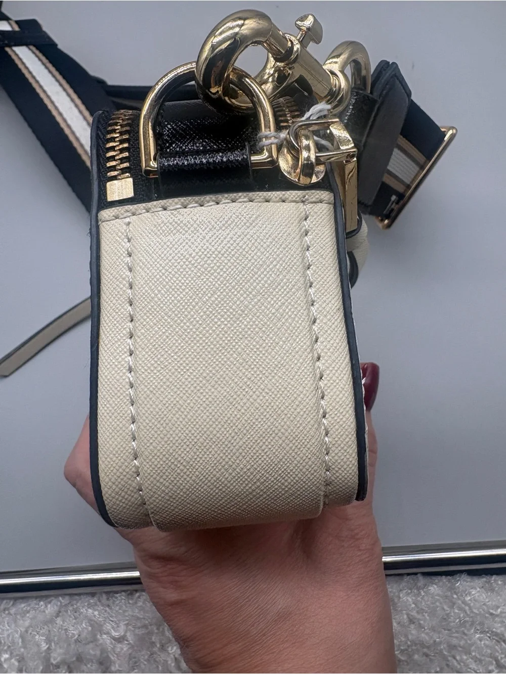Marc Jacobs Cream Snapshot Crossbody with Striped Strap